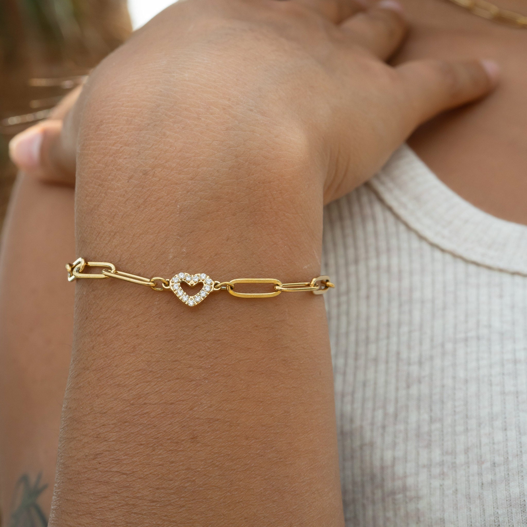 18K Gold PVD Stainless Steel Stone "Heart" Paperclip Chain Bracelet