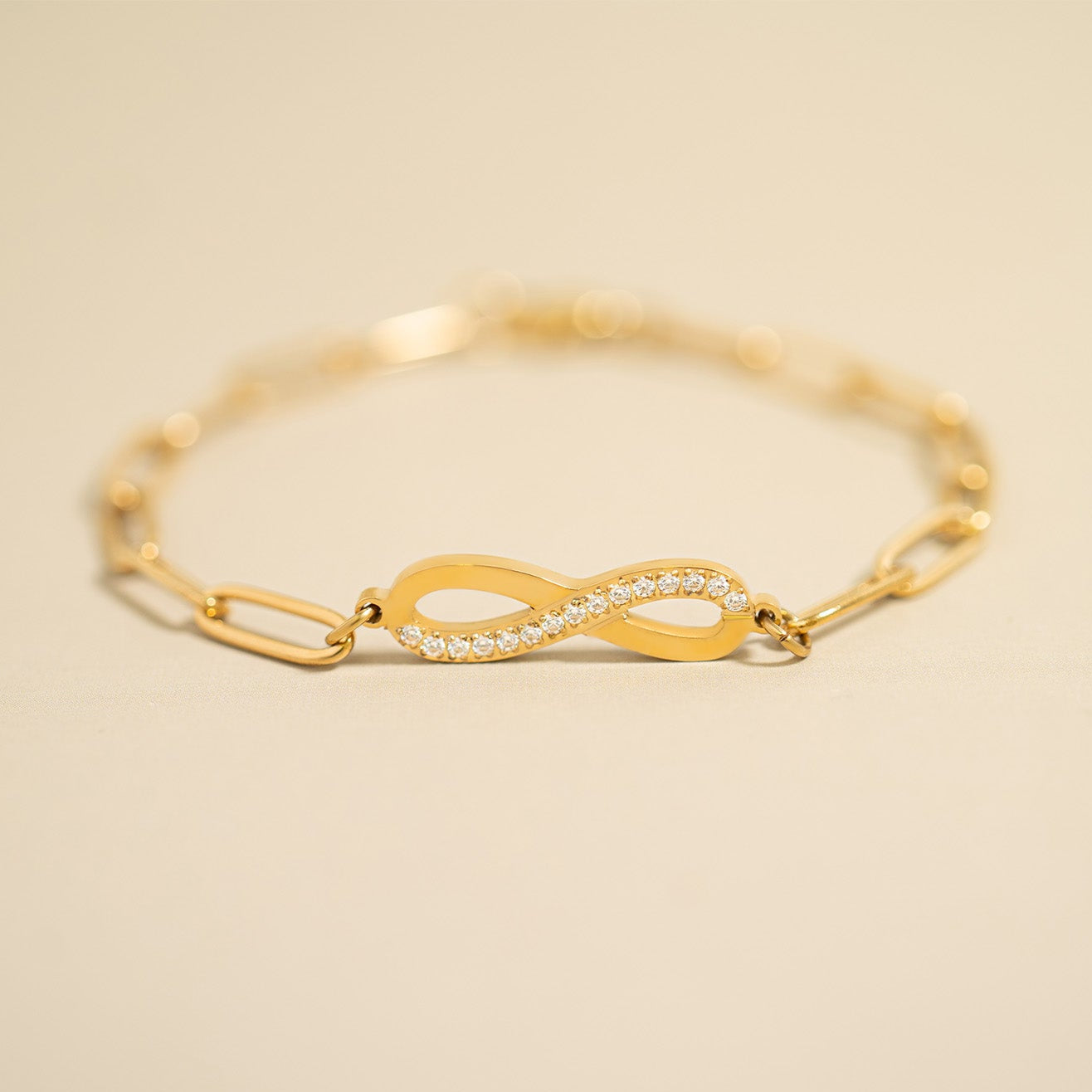 18K Gold PVD Stainless Steel Stone "Infinity" Paperclip Chain Bracelet