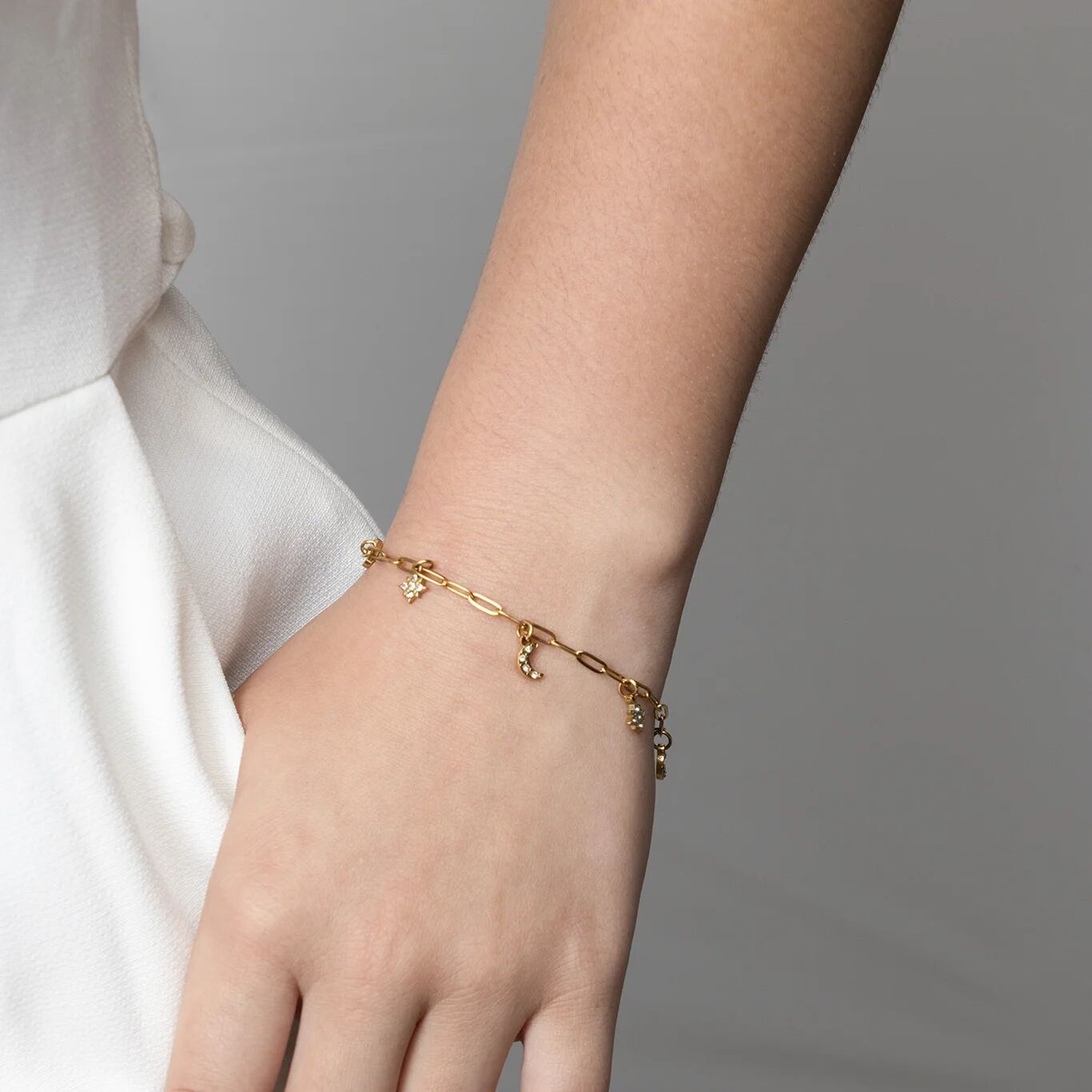 18K Gold PVD Stainless Steel Moon & Star Charm Bracelet