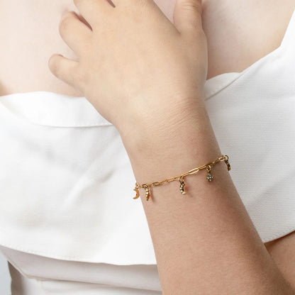 18K Gold PVD Stainless Steel Moon & Star Charm Bracelet