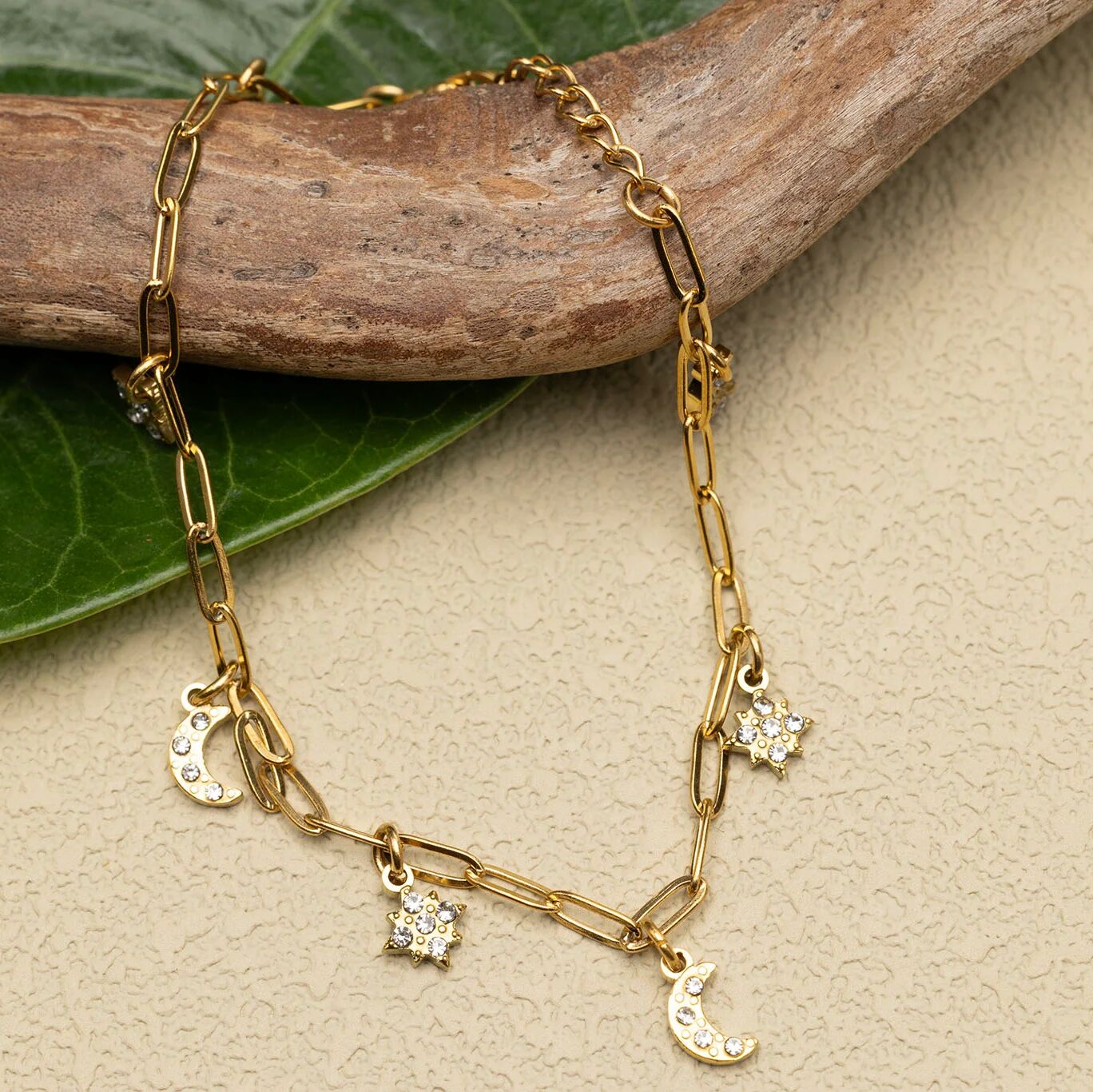 18K Gold PVD Stainless Steel Moon & Star Charm Bracelet
