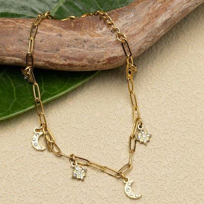 18K Gold PVD Stainless Steel Moon & Star Charm Bracelet