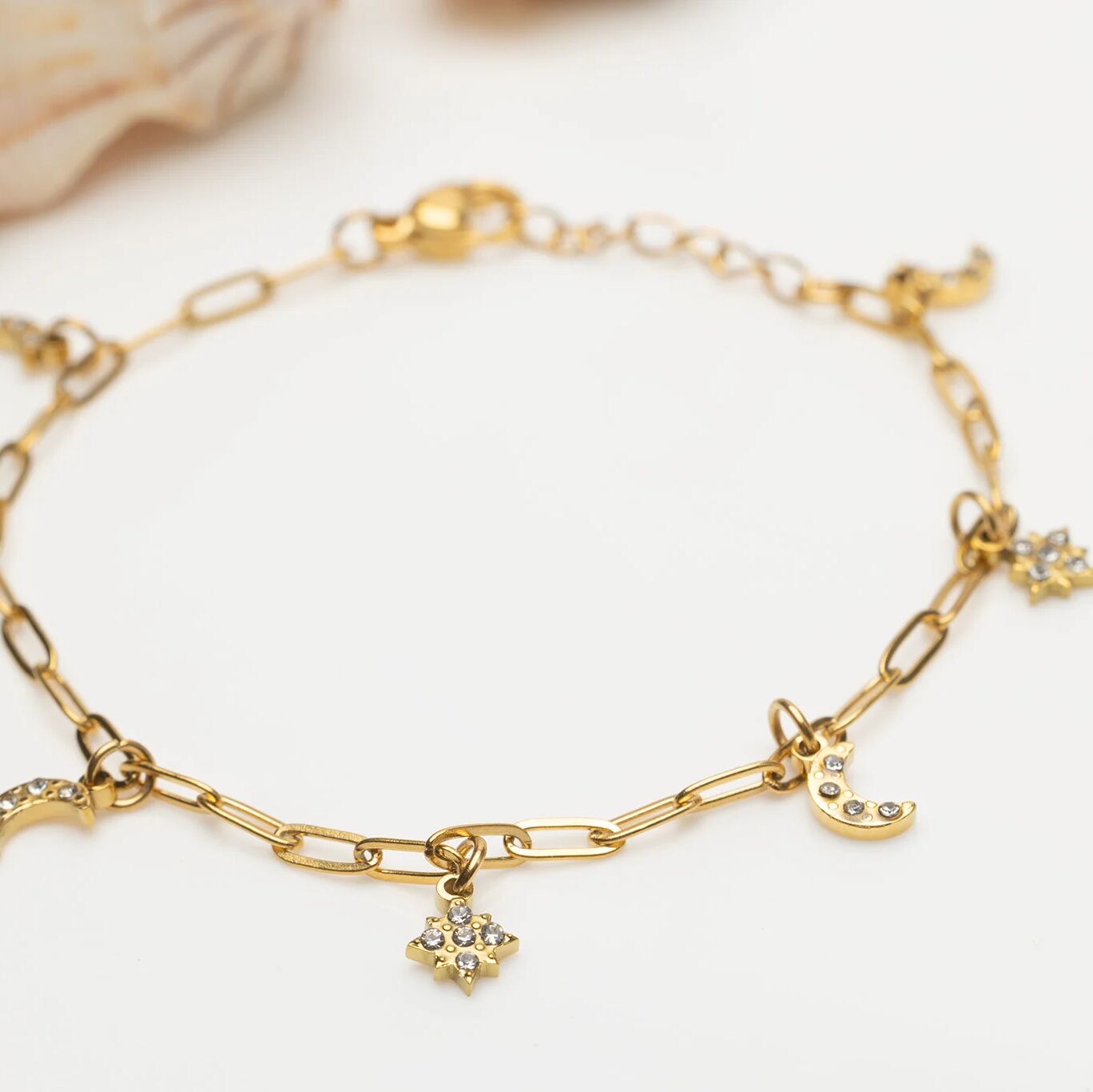 18K Gold PVD Stainless Steel Moon & Star Charm Bracelet