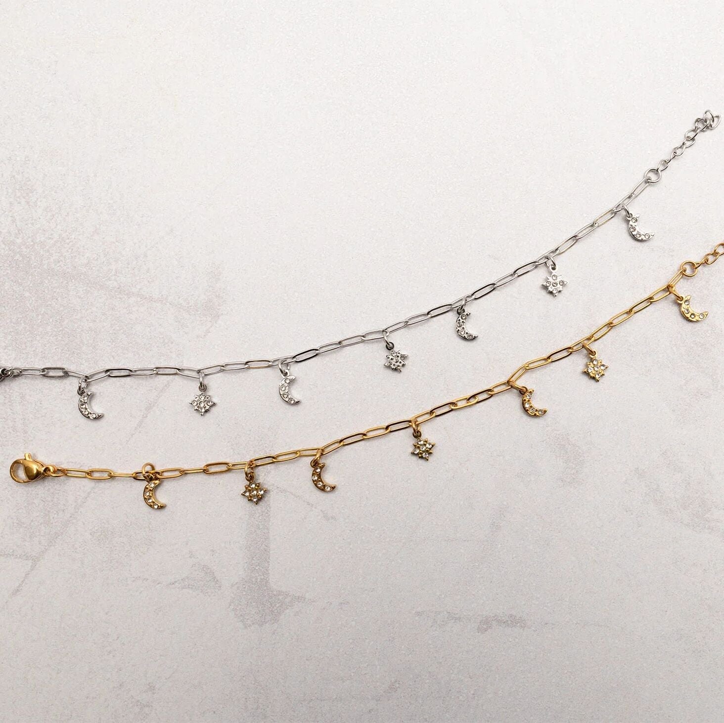 18K Gold PVD Stainless Steel Moon & Star Charm Bracelet