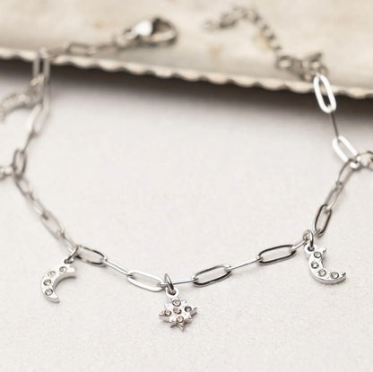 18K Gold PVD Stainless Steel Moon & Star Charm Bracelet