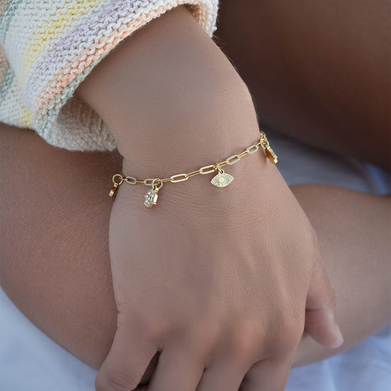 18K Gold PVD Hamsa & Evil Eye Paperclip Chain Charm Bracelet