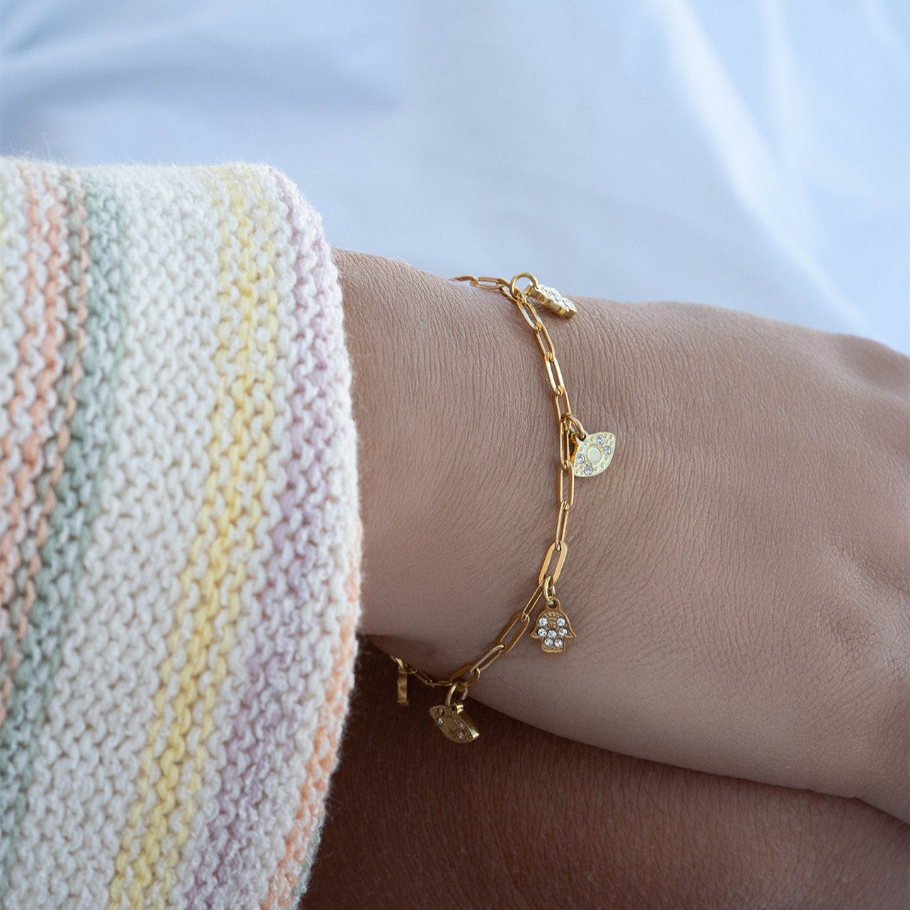 18K Gold PVD Hamsa & Evil Eye Paperclip Chain Charm Bracelet