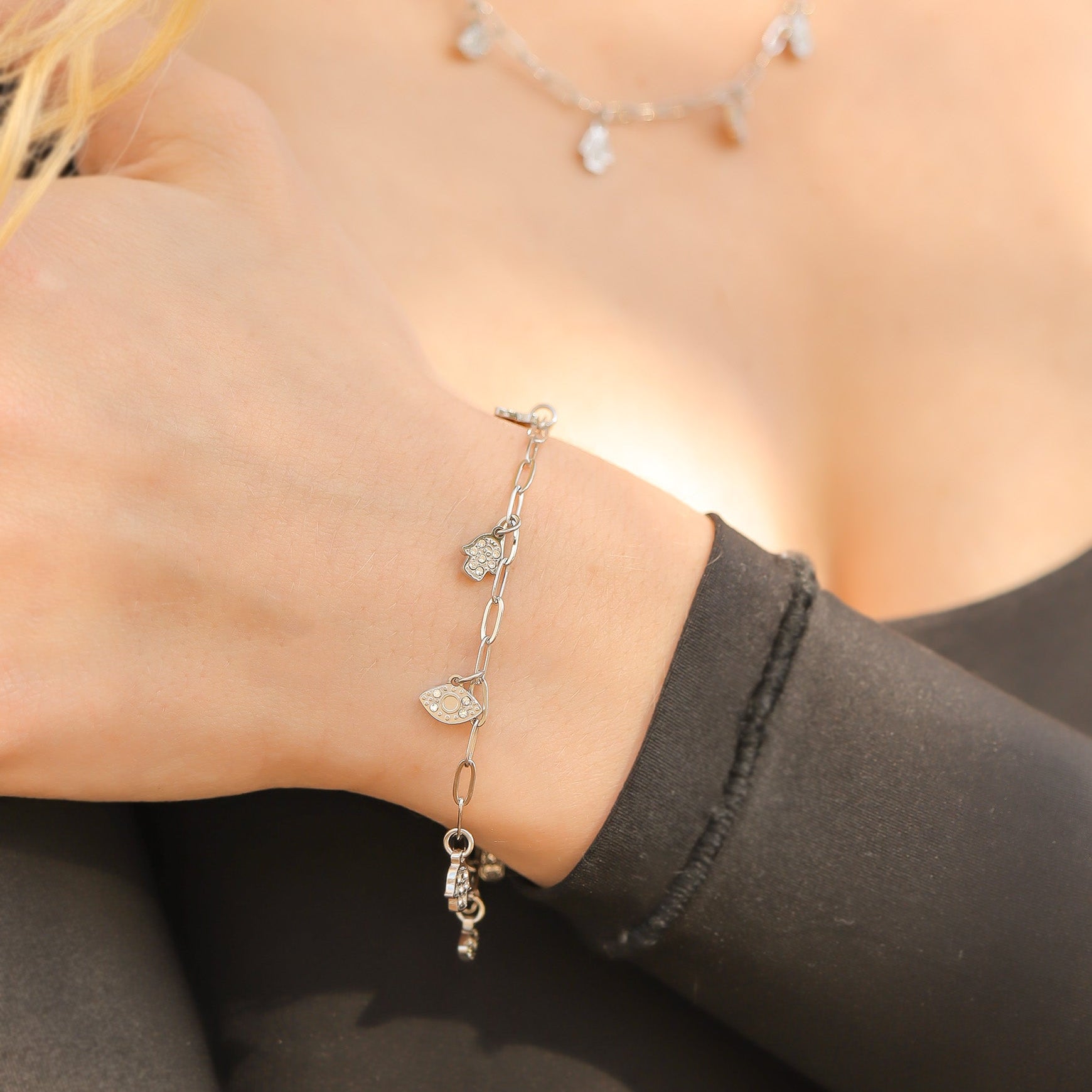 18K Gold PVD Hamsa & Evil Eye Paperclip Chain Charm Bracelet