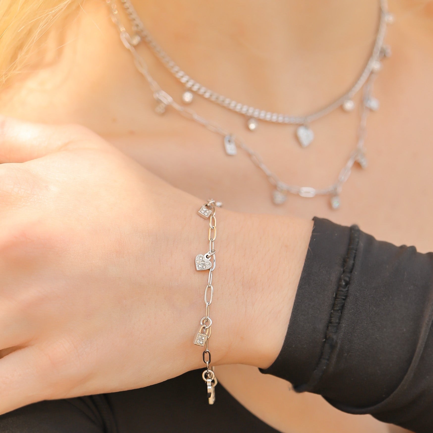 18K Gold PVD Stainless Steel Heart & Lock Charm Bracelet
