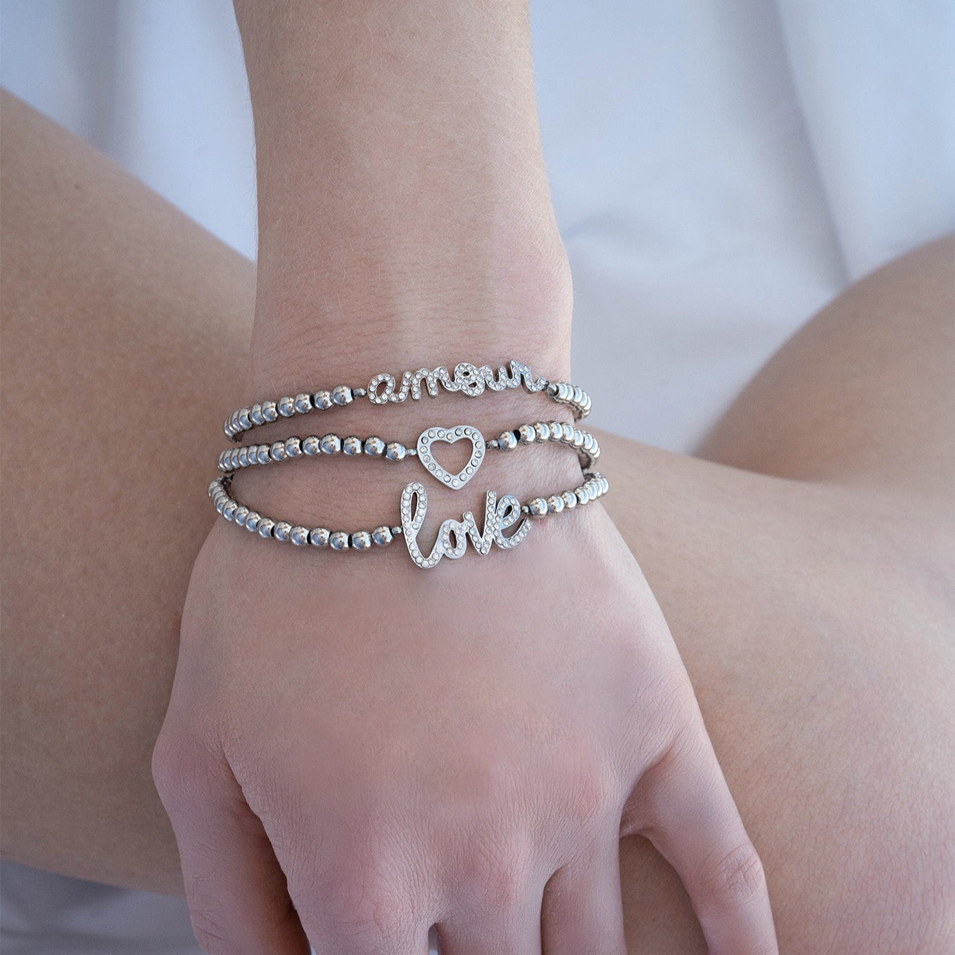 18K Gold PVD Stainless Steel Stone Heart Metal Beaded Stretch Bracelet