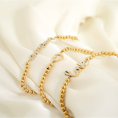 18K Gold PVD Stainless Steel Stone Heart Metal Beaded Stretch Bracelet