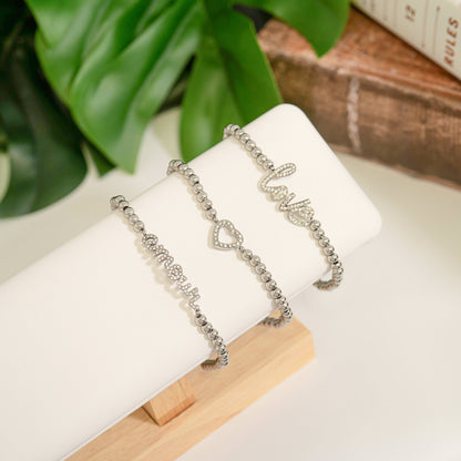 18K Gold PVD Stainless Steel Stone Heart Metal Beaded Stretch Bracelet
