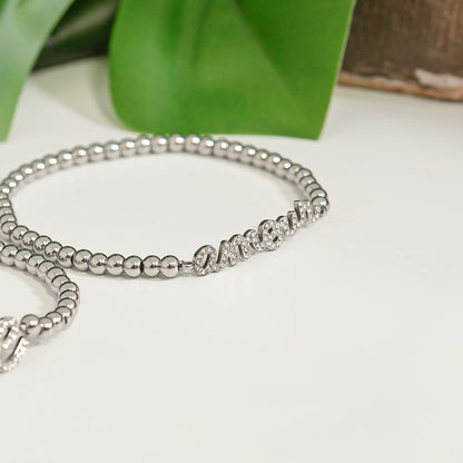 18K Gold PVD Stainless Steel Stone Amour Metal Beaded Stretch Bracelet