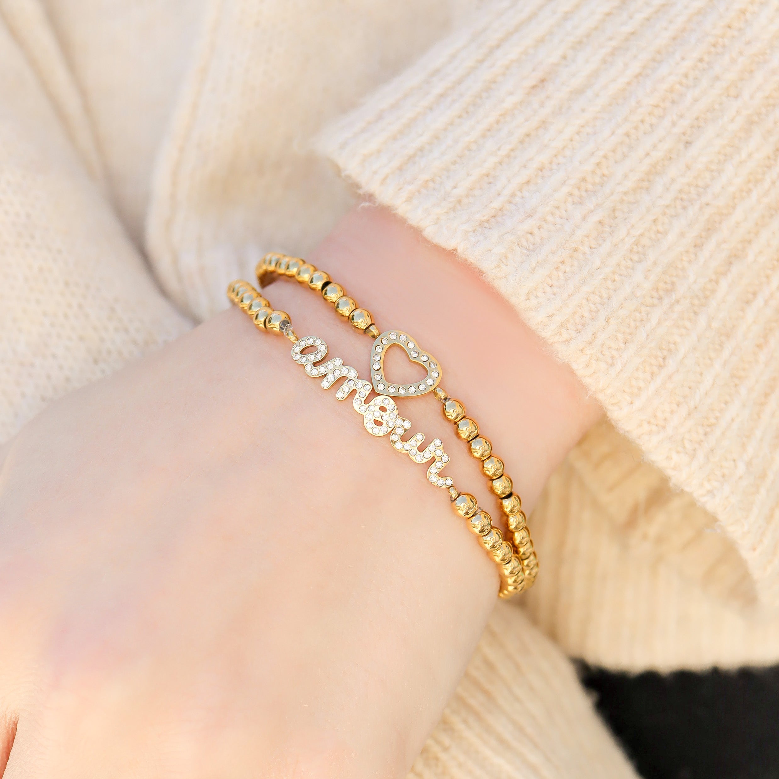 18K Gold PVD Stainless Steel Stone Heart Metal Beaded Stretch Bracelet