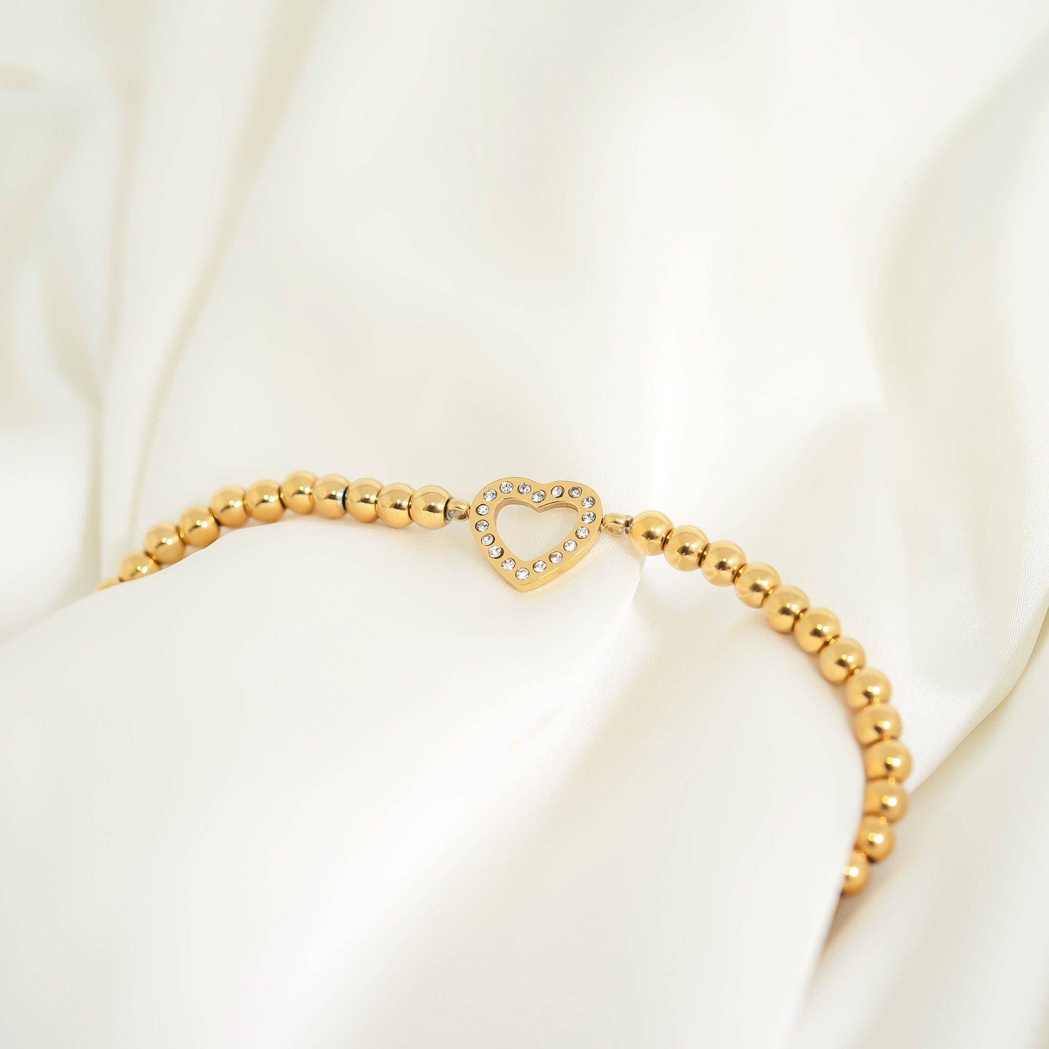 18K Gold PVD Stainless Steel Stone Heart Metal Beaded Stretch Bracelet
