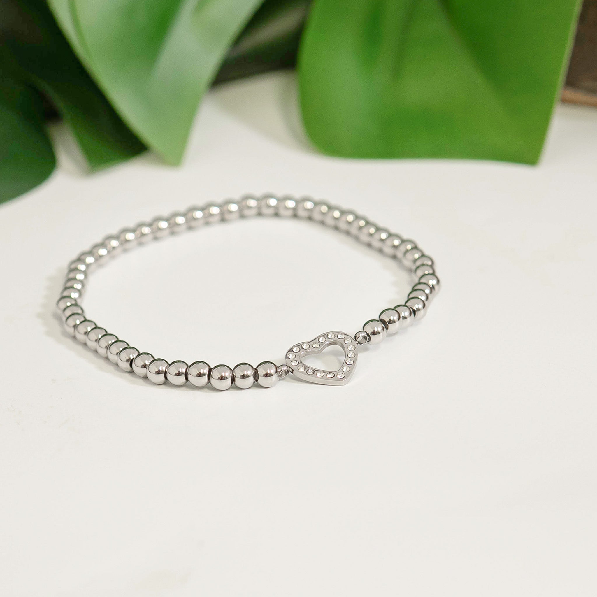 18K Gold PVD Stainless Steel Stone Heart Metal Beaded Stretch Bracelet