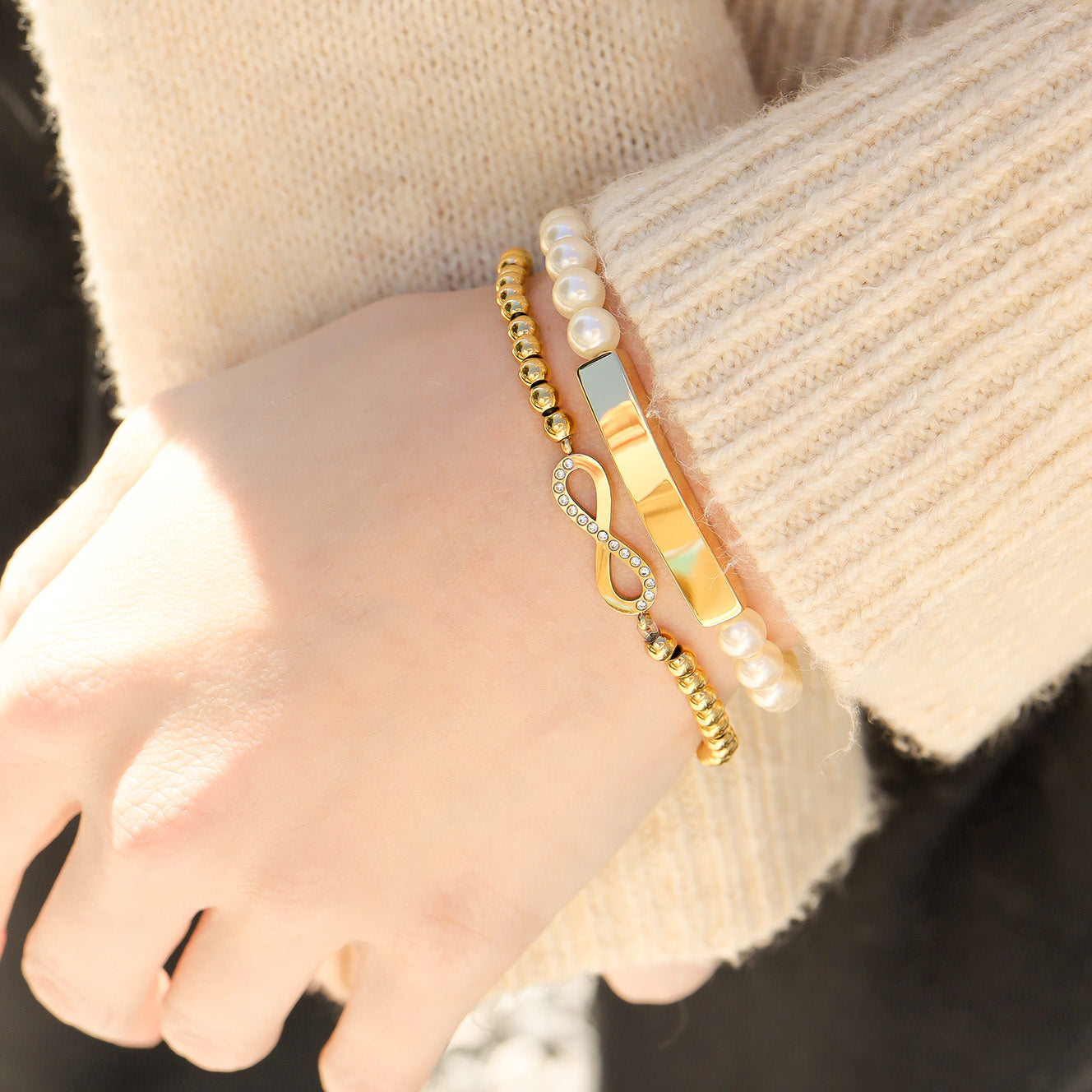 18K Gold PVD Stainless Steel Stone Infinity Sign Metal Beaded Stretch Bracelet