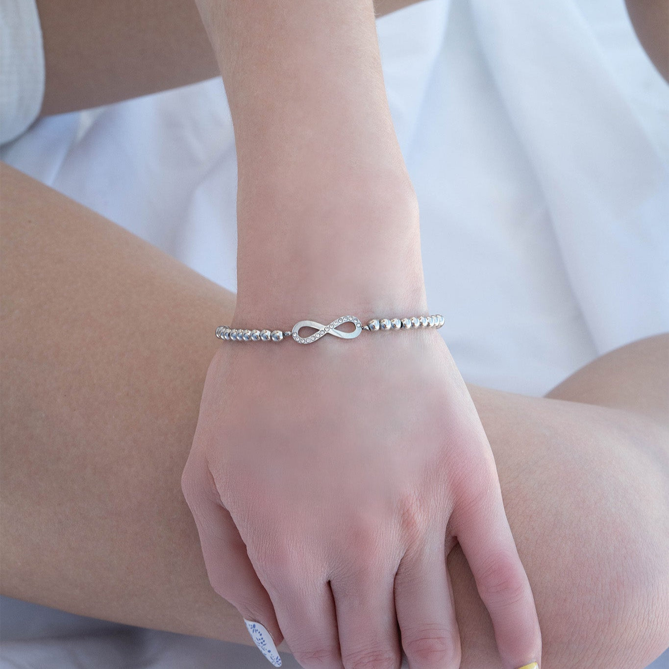 18K Gold PVD Stainless Steel Stone Infinity Sign Metal Beaded Stretch Bracelet