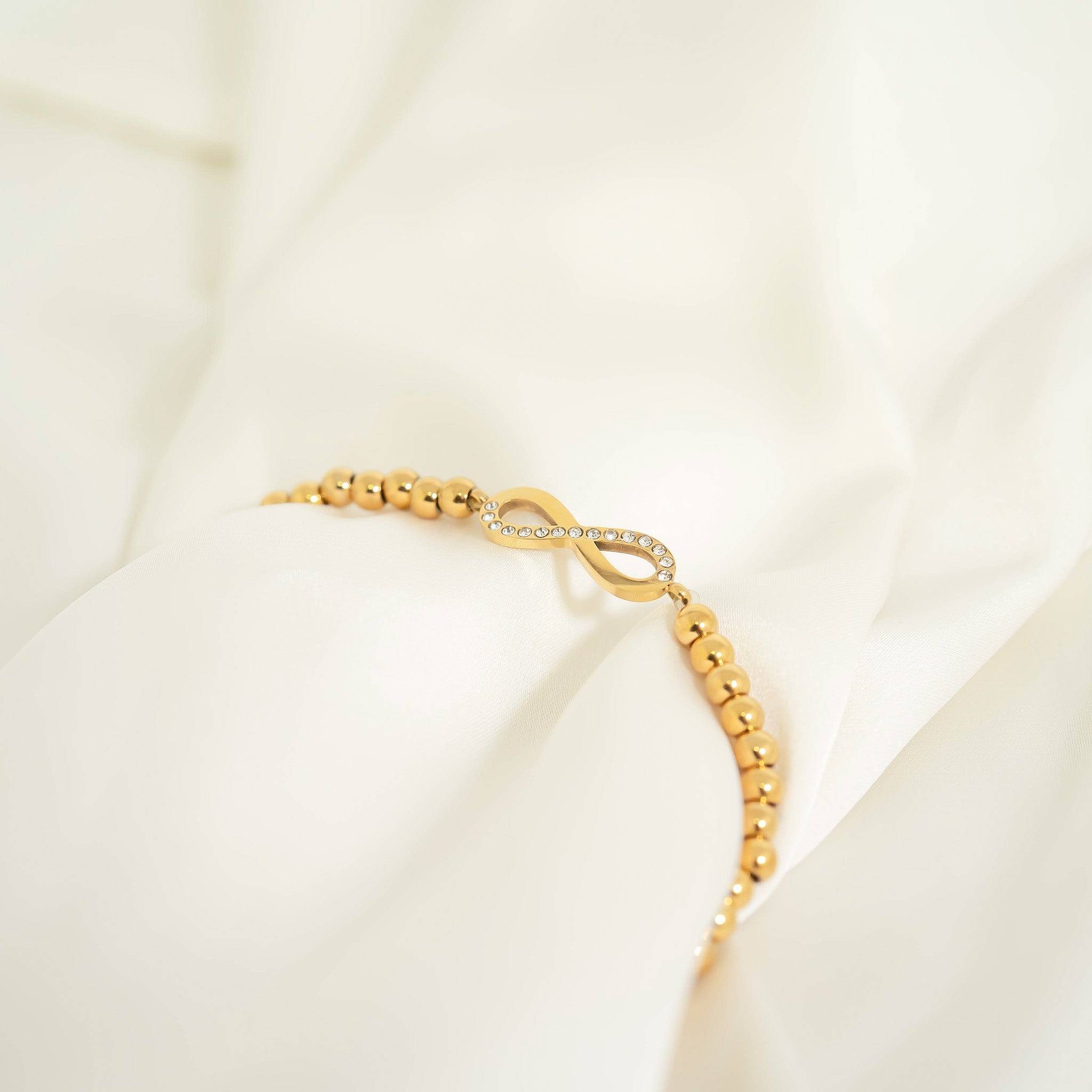 18K Gold PVD Stainless Steel Stone Infinity Sign Metal Beaded Stretch Bracelet