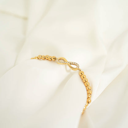 18K Gold PVD Stainless Steel Stone Infinity Sign Metal Beaded Stretch Bracelet