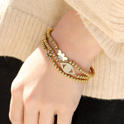 18K Gold PVD Stainless Steel Stone Evil Eye Metal Beaded Stretch Bracelet