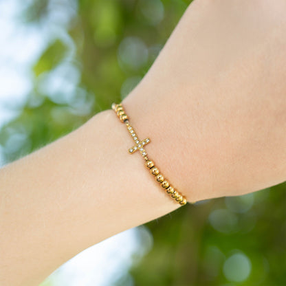 18K Gold PVD Stainless Steel Stone Cross Metal Beaded Stretch Bracelet