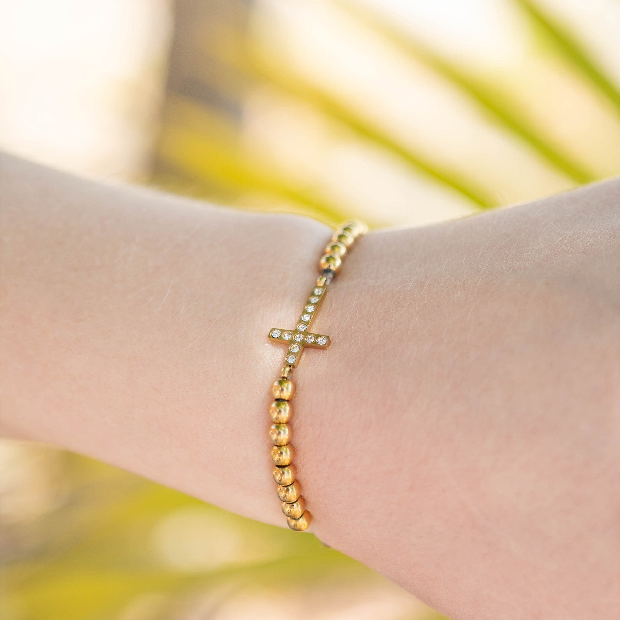 18K Gold PVD Stainless Steel Stone Cross Metal Beaded Stretch Bracelet