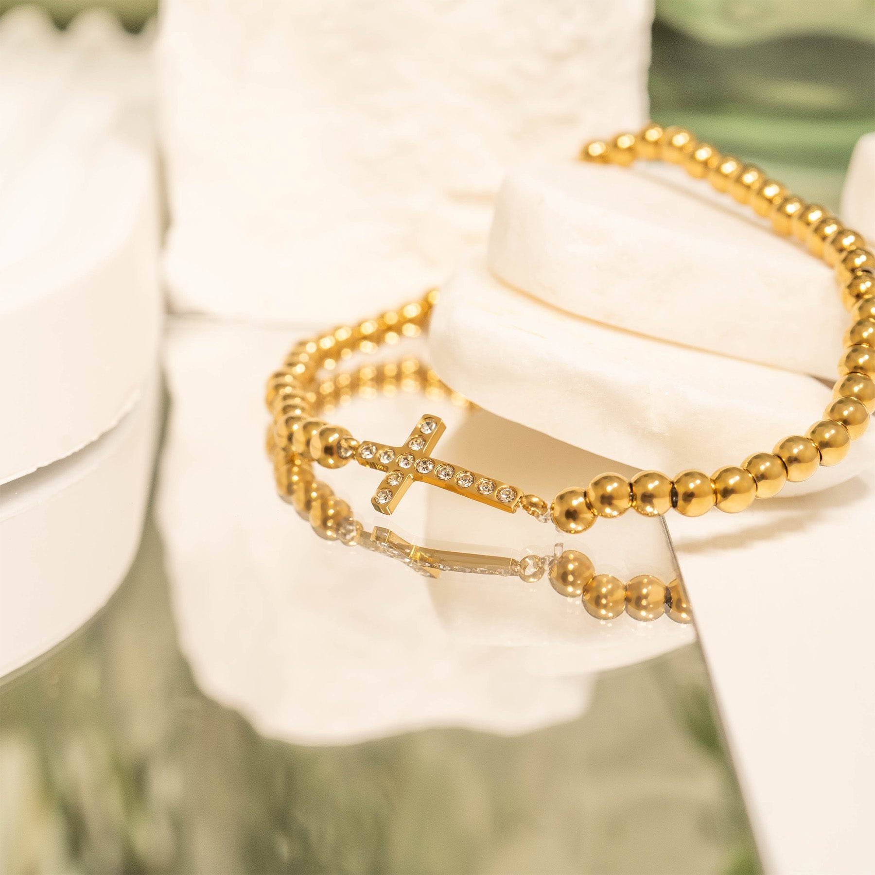 18K Gold PVD Stainless Steel Stone Cross Metal Beaded Stretch Bracelet