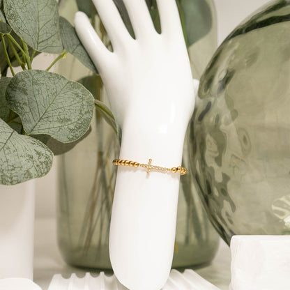 18K Gold PVD Stainless Steel Stone Cross Metal Beaded Stretch Bracelet