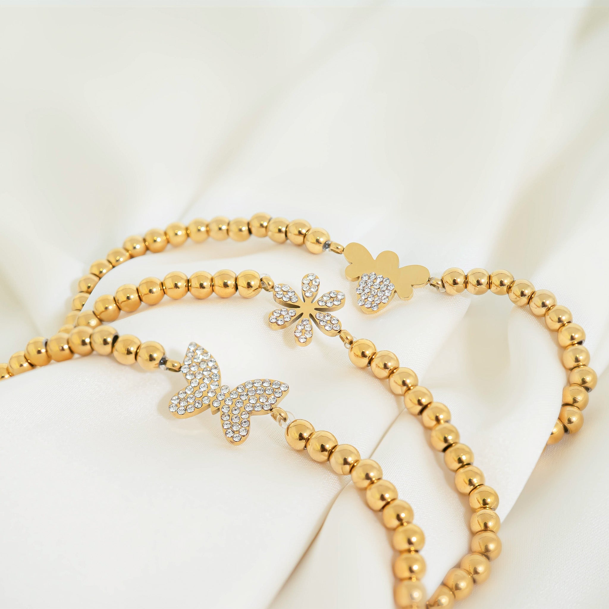 18K Gold PVD Stainless Steel Stone Butterfly Metal Beaded Stretch Bracelet