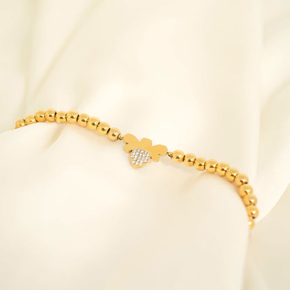 18K Gold PVD Stainless Steel Stone Bee Metal Beaded Stretch Bracelet