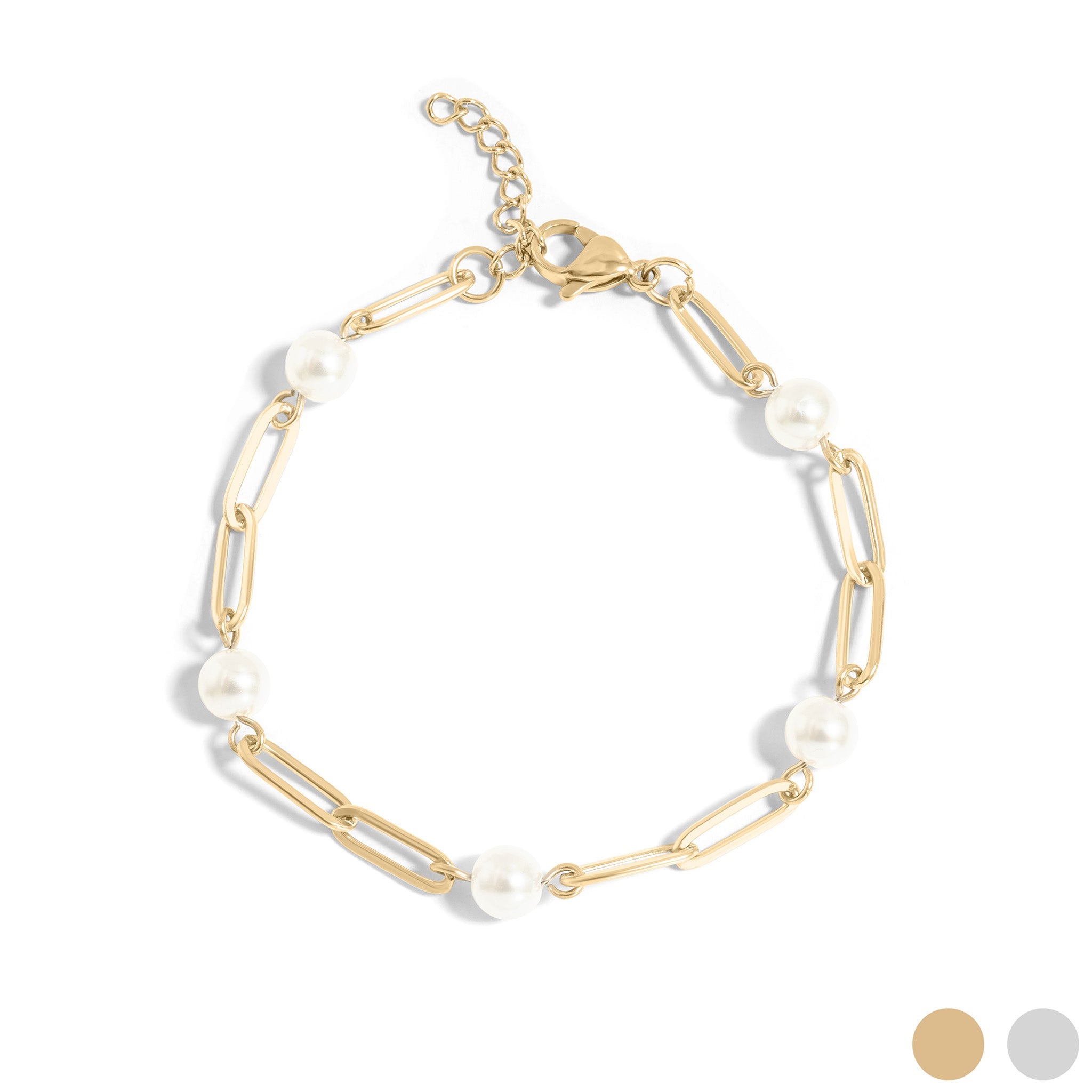 18K Gold PVD Stainless Steel Station Pearl Paperclip Bracelet