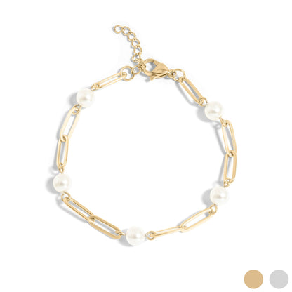 18K Gold PVD Stainless Steel Station Pearl Paperclip Bracelet