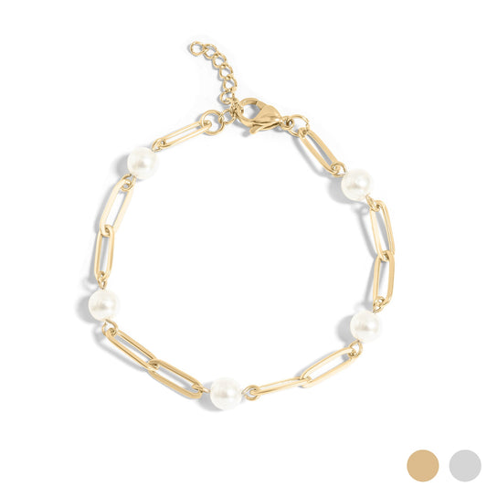 18K Gold PVD Stainless Steel Station Pearl Paperclip Bracelet
