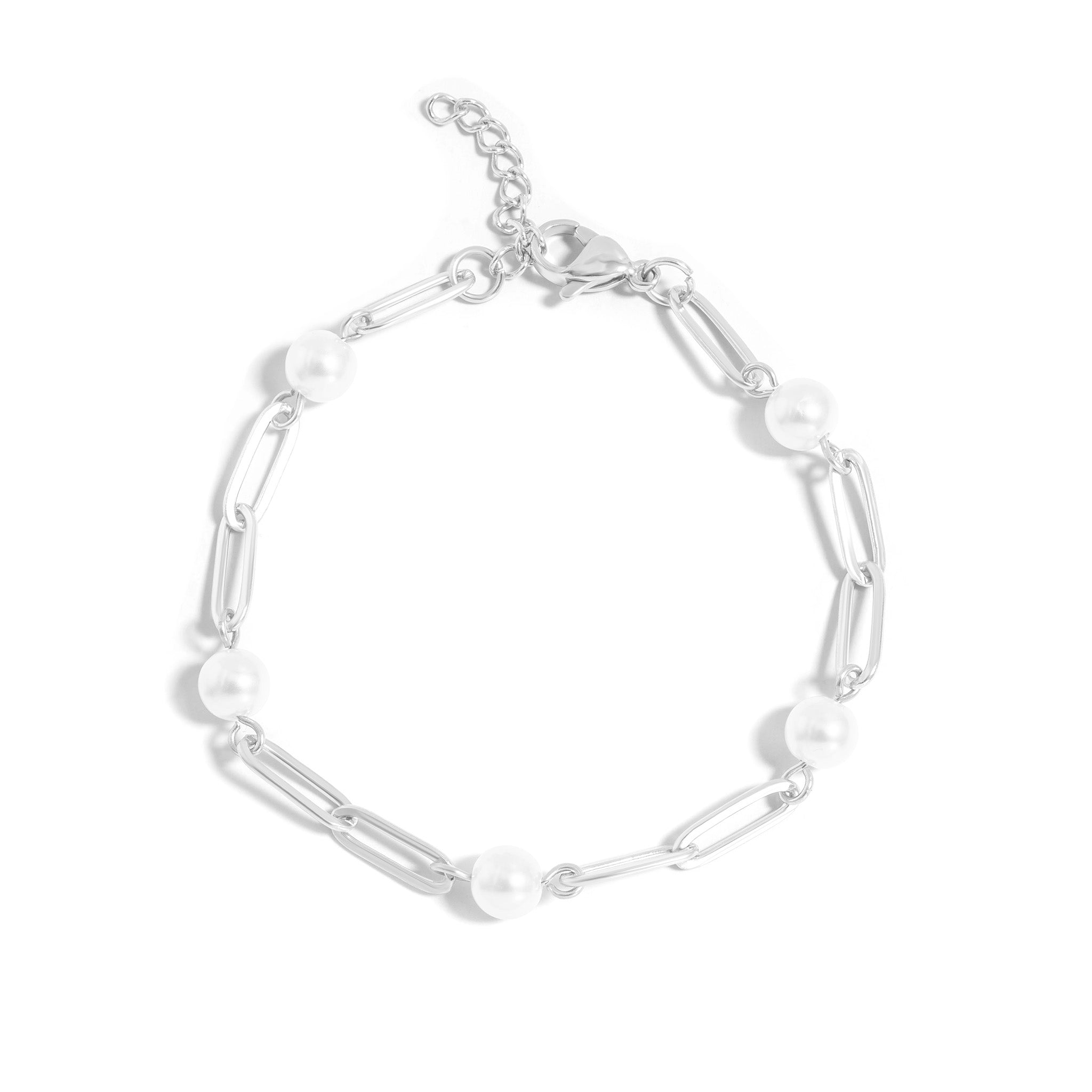 18K Gold PVD Stainless Steel Station Pearl Paperclip Bracelet