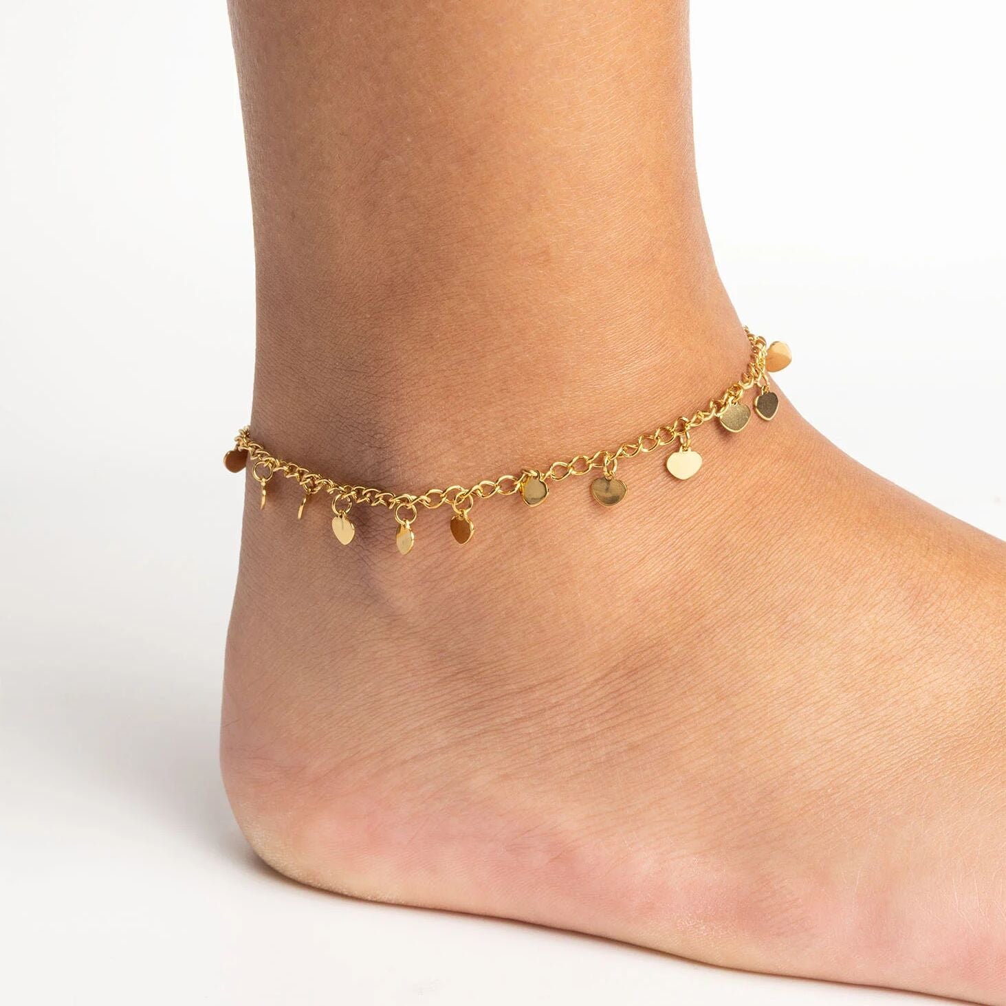 18K Gold PVD Stainless Steel Dangle Hearts Anklet