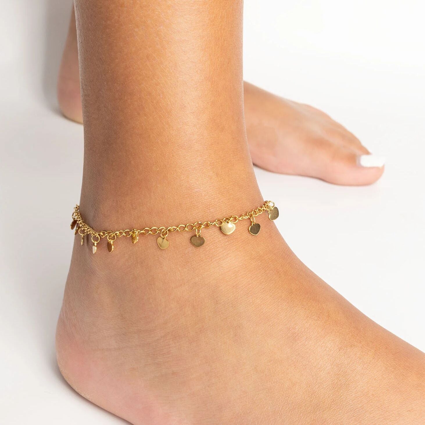 18K Gold PVD Stainless Steel Dangle Hearts Anklet