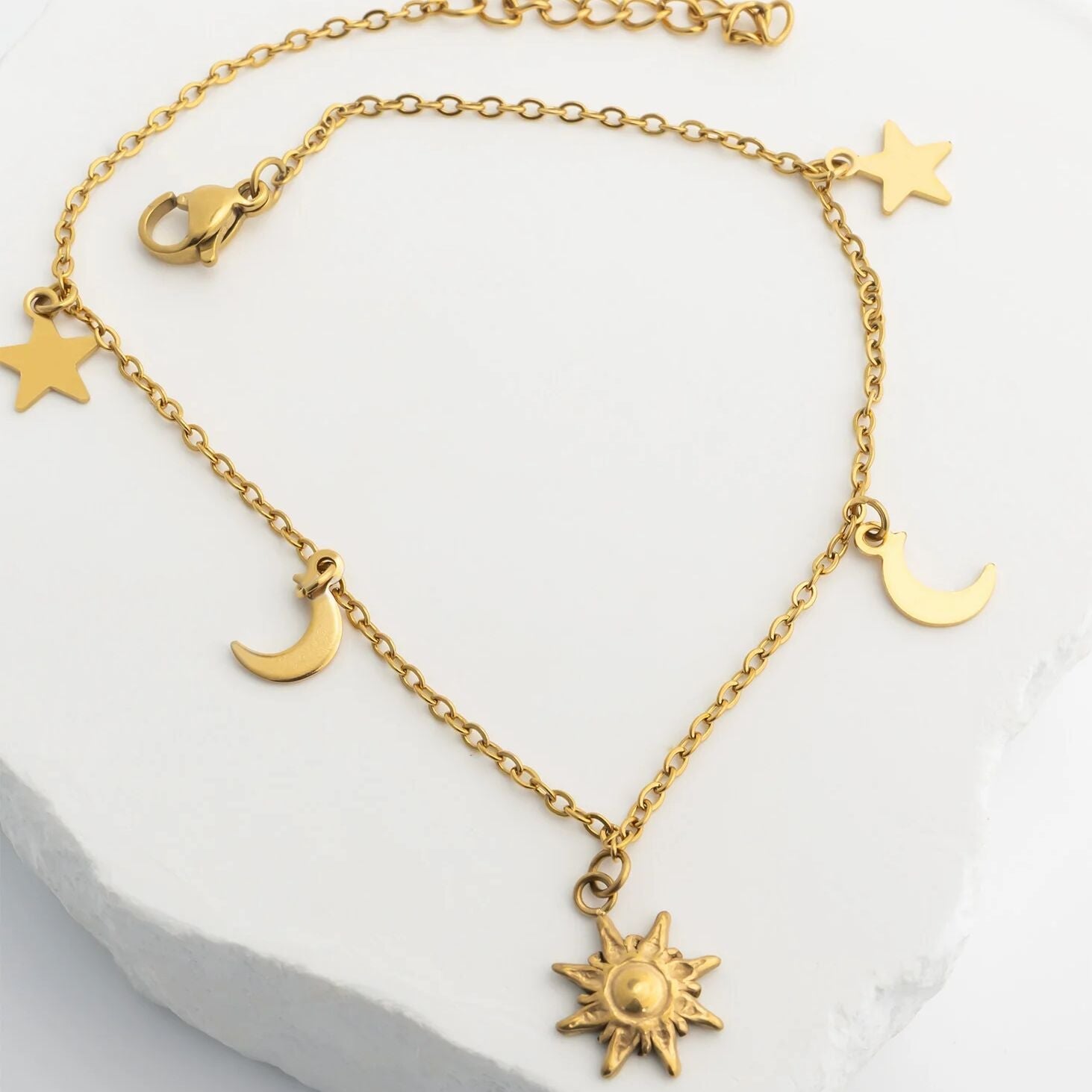 18K Gold PVD Stainless Steel Moon and Star Charms Anklet