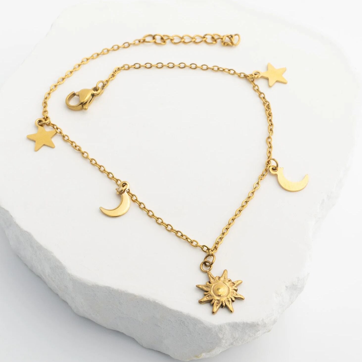 18K Gold PVD Stainless Steel Moon and Star Charms Anklet