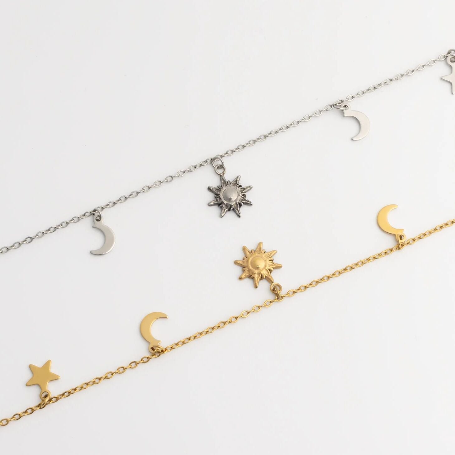 18K Gold PVD Stainless Steel Moon and Star Charms Anklet