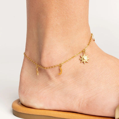 18K Gold PVD Stainless Steel Moon and Star Charms Anklet