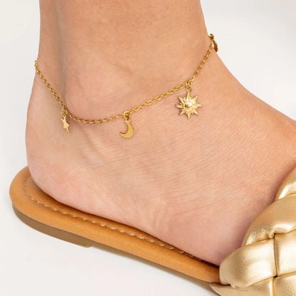 18K Gold PVD Stainless Steel Moon and Star Charms Anklet