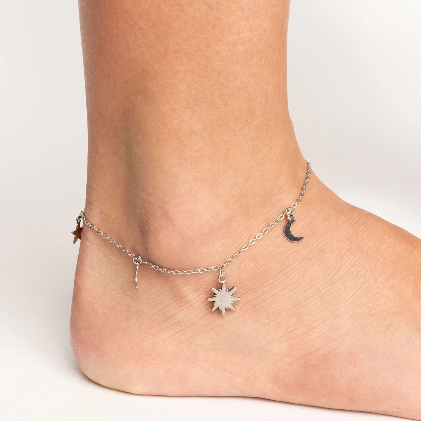 18K Gold PVD Stainless Steel Moon and Star Charms Anklet
