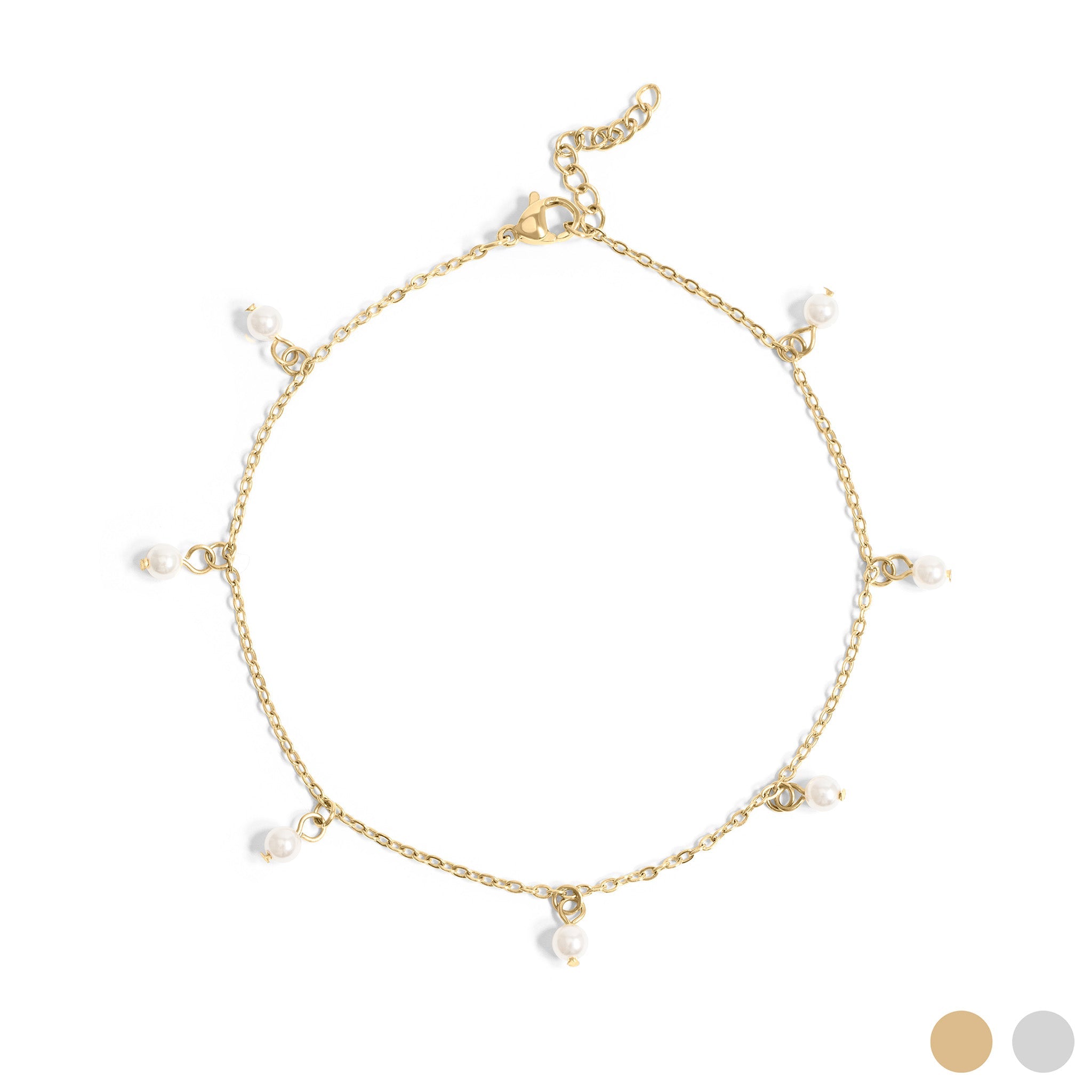 A gold-colored stainless steel anklet with white pearls attached to it, presented against a white background with a shadowed image of the anklet below.