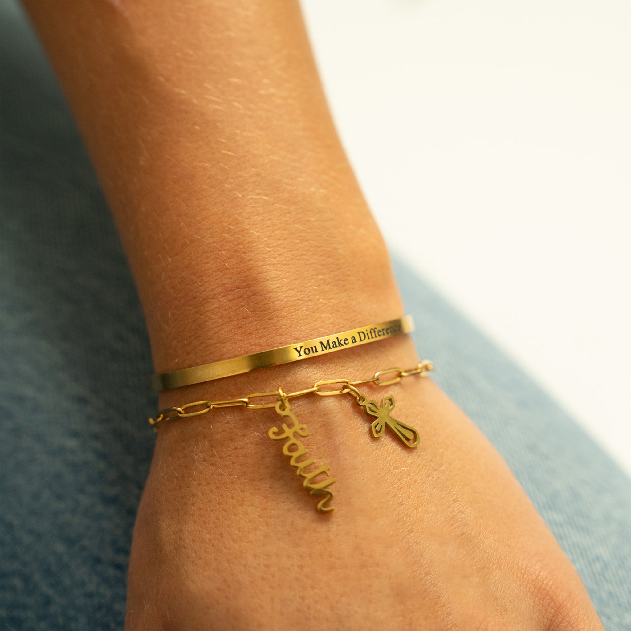 18K Gold PVD You Make a Difference Engraved Bangle Bracelet