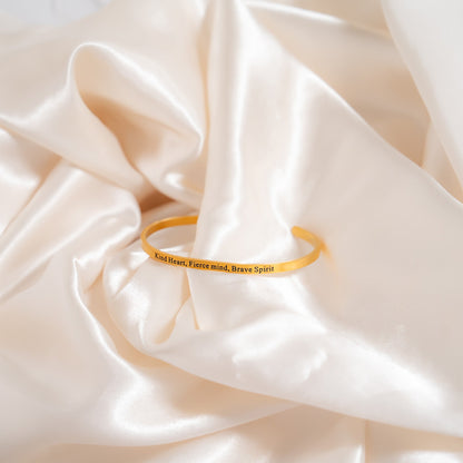 18K Gold PVD Kind Heart Fierce Mind Engraved Bangle Bracelet