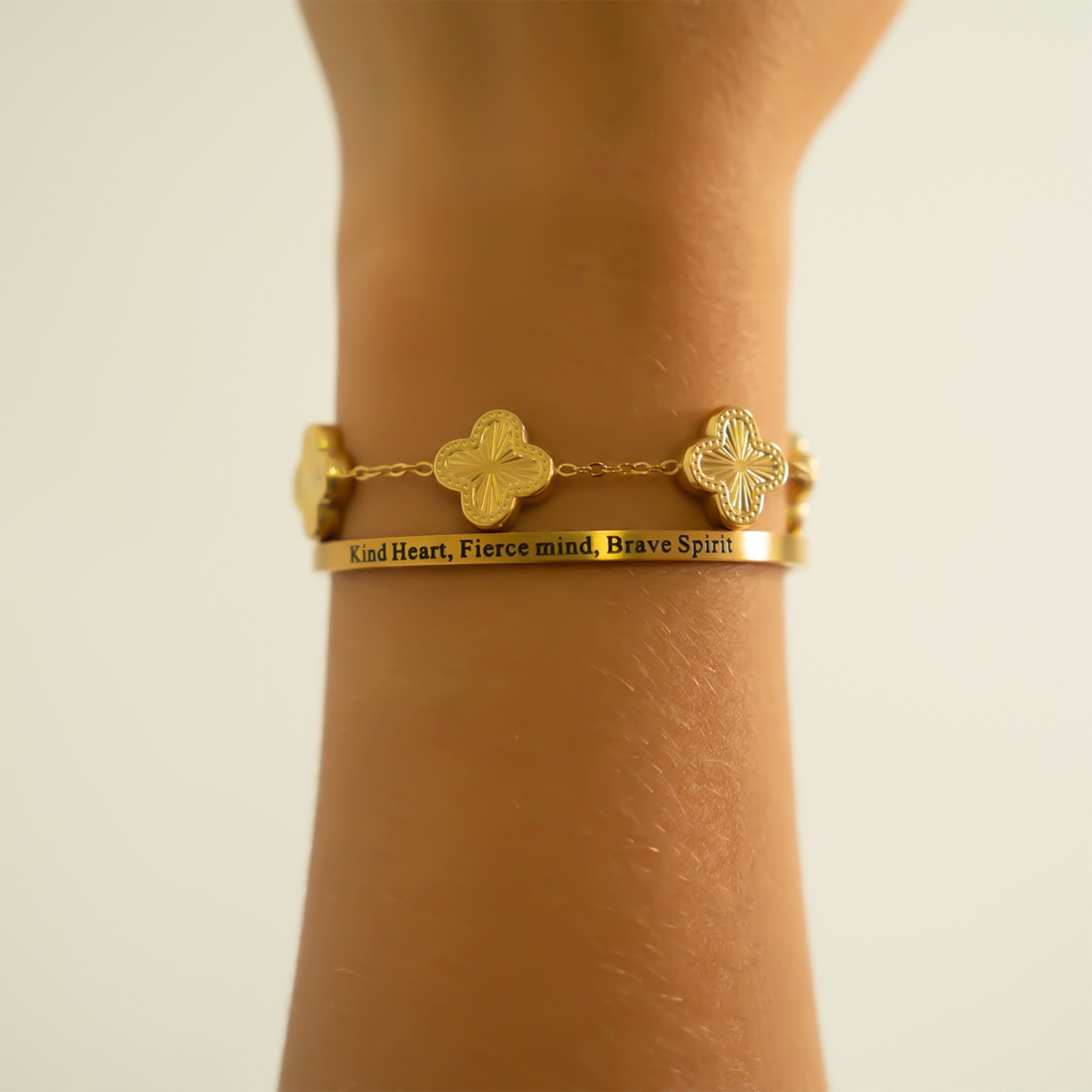 18K Gold PVD Kind Heart Fierce Mind Engraved Bangle Bracelet