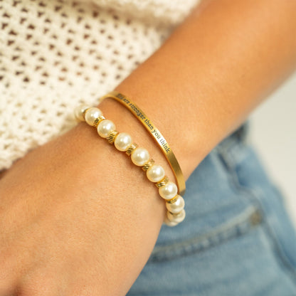 18K Gold PVD 8mm Kiska Glass Pearl Beaded Stretch Bracelet