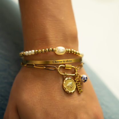 18K Gold PVD 8mm Kiska Glass Pearl Beaded Stretch Bracelet