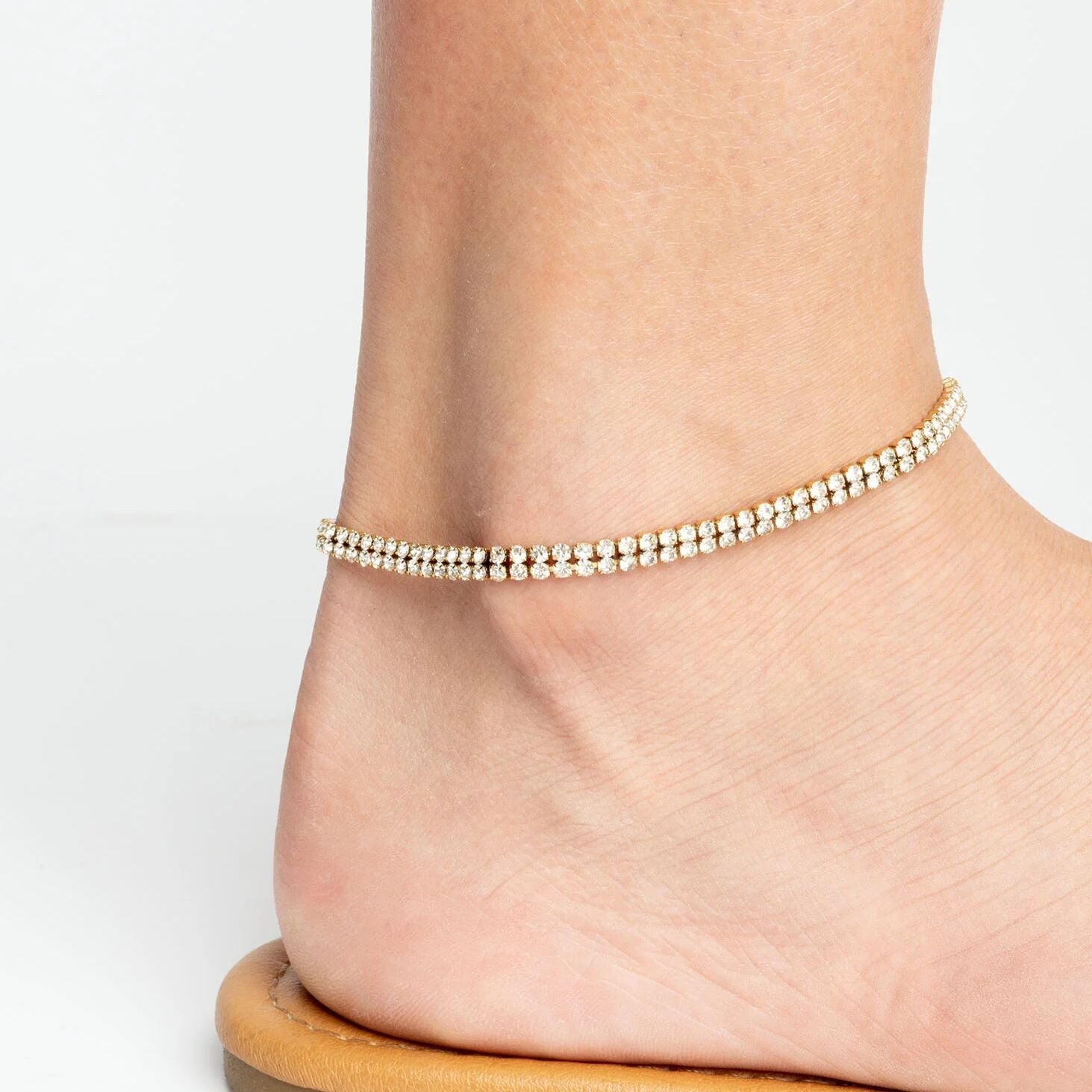 18K Gold PVD Stainless Steel Double Row Rhinestone Anklet